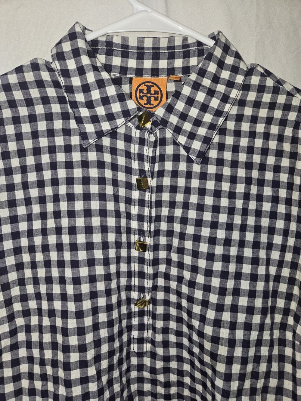 Tory Burch US Womens Size 10 Navy Gingham Long Tunic Top Square Brass Buttons